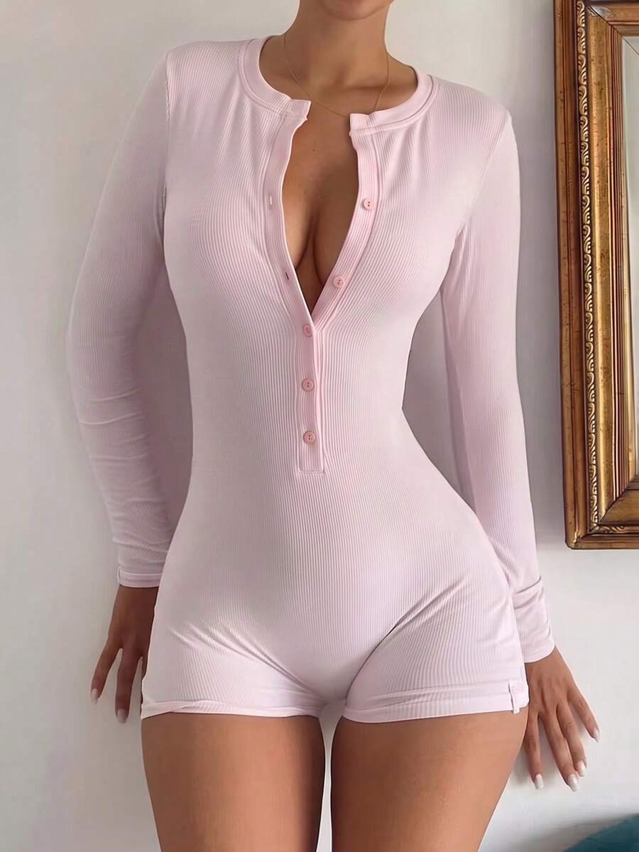 Mystra Casual Button Decor Fitted Jumpsuit, Spring & Autumn Pink Elegant - Pink - View 1
