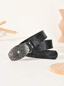 1件美式復古時尚個性化綠松石女款皮革腰帶，適合牛仔褲 - 綠松石十字架黑色 - 查看 5