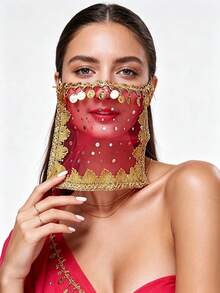 1pc Women's Belly Dance Outfit Handmade Chiffon Veil With Coins Hanging Elastic Band Dance Costume Face Covering Accessory, With Sequin Skirt Saree Sari Style Inspiration For Rave Performance. Suitable For Festivals, Parties, - Multicolor - View 4