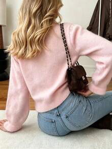Women's Autumn/Winter New Fashion French Lazy Style Colorblock Ruffle Trim Machine Embroidered Knit Button Cardigan - Pink - View 3