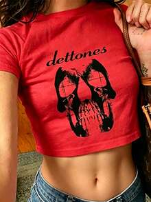 Women's Casual Neck Cropped T-Shirt Skull Around The Fur - Vintage Graphic Tee, Grunge Streetwear Aesthetic, Y2K Nu-Metal Tee - 紅色 - 查看 1