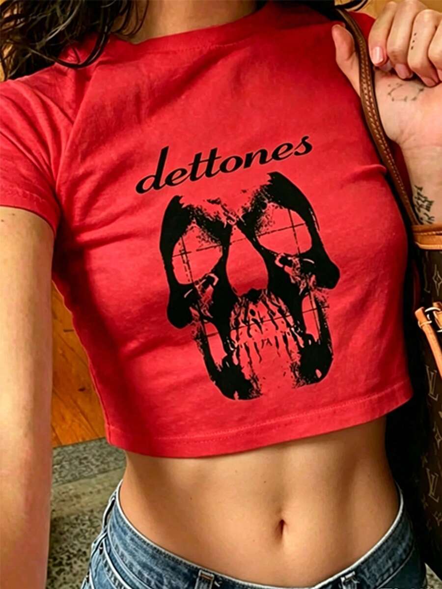 Women's Casual Neck Cropped T-Shirt Skull Around The Fur - Vintage Graphic Tee, Grunge Streetwear Aesthetic, Y2K Nu-Metal Tee - 紅色 - 查看 1