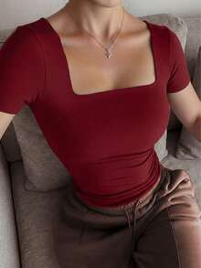 Casual Elegant Versatile Short Sleeve Boat Neck Top, Suitable For Daily Wear, Commuting, Going Out, Spring & Summer Red - Red - View 2