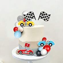 25pcs Racing Cake Decoration Set: Racing Flags, Colorful Balls And Racing Theme Decorations, Suitable For Birthdays And Anniversaries - Multicolor - View 5