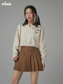 CHUU Letter Embroidered Knit Sweater Women Autumn POLO Collar Long Sleeve Short Pullover - Apricot - View 4