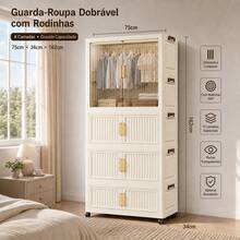 Guarda‑Roupa Armário Dobrável 4 Camadas Plástico PP Bege 75x34x162cm, Janela Transparente Visível, Módulo Para Pendurar Roupas, Alças Douradas, Rodas Universais Giratórias, Montagem Fácil, Empilhável com Travas Seguras,Ideal para Quarto Infantil, Quarto Principal, Sala de Estar para organizar roupas e brinquedos c - Bege - Visão 4