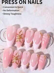 30pcs Long Almond Shape 3D Gel Nail Stickers With Flower French Manicure Design, Pearl Decor Fake Nails Set, Suitable For Women's Daily Work, Holiday And Party Use - Multicolor - View 3