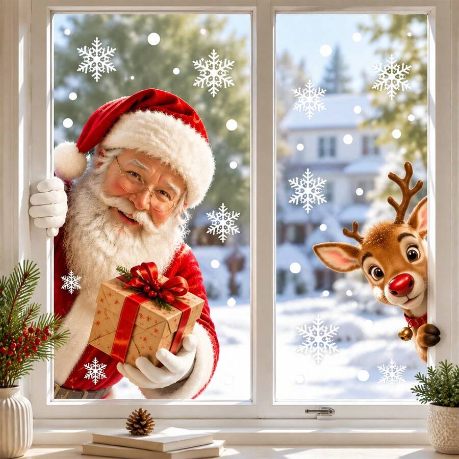 Christmas Window Stickers Santa Claus Reindeer Snowflake Glass Decals Cute Holiday Window Clings Christmas Home Decor - Santa Claus - View 1