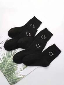 5/10/20 Pairs Women's Fun Printed Mid-Calf Socks, Avant-Garde Smiling Face Black Calf Socks, Suitable For Streetwear - Black - View 2