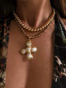 1pc Fashion Cross Pendant Necklace, Personalized Vintage Women's Accessory, Suitable For Daily Wear, Vacation, Party And Music Festival Occasions. - Gold - View 2