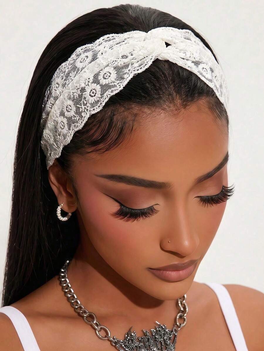 1pc French Vintage Lace Cross Headband, Gentle Vacation Style Hair Accessory, Beach/Daily Versatile Wide Band Decorative Headband - White - View 1