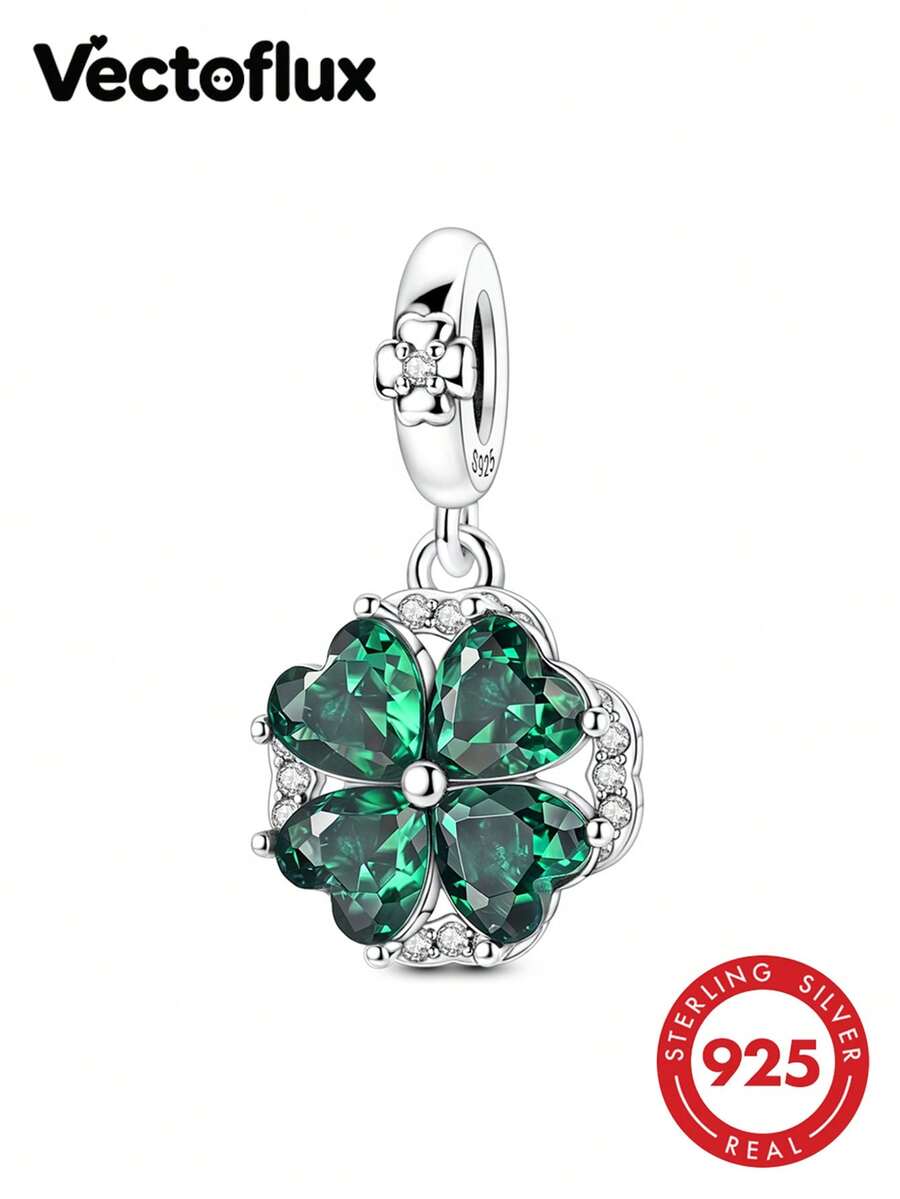 Vectoflux 1pc S925 Sterling Silver Rotating Four-Leaf Clover Pendant, Suitable For DIY 3mm Bracelet, Necklace, Keychain, Women's Gift For Birthday, Party, Holiday - KJC2041 - View 1