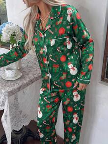 2pcs/Set Women's Satin Christmas Snowman & Candy Cane Print Lapel Long Sleeve Top And Pants Pajama Set - Green - View 4