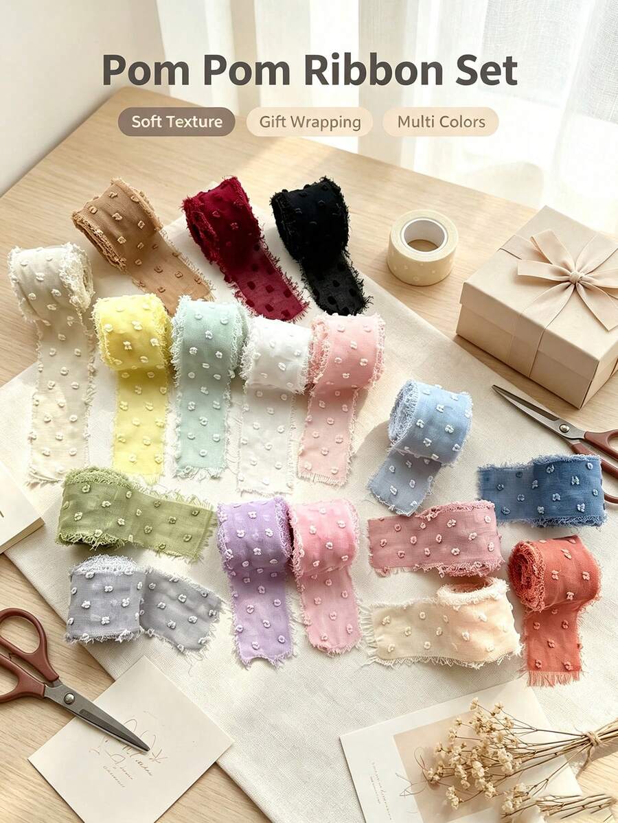 Multi-Color Pom Pom Textured Tassel Chiffon Ribbon, Frayed Edge Fabric Satin Ribbon, Suitable For Gift Wrapping, Wedding Bouquet Bows, Hair Accessories, Party Handmade Decorations - Multicolor - View 1