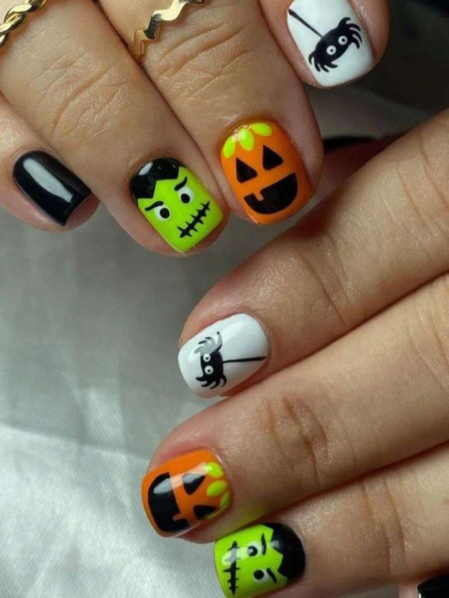 萬聖節 24片短方型穿戴甲,蜘蛛網、幽靈、蝙蝠、血跡、邪惡南瓜、木乃伊圖案設計,壓克力材質,套裝包含:1片果凍膠與1片指甲锉 - 彩色 - 查看 1