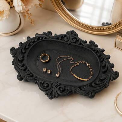 1PC Black Hair Accessory Storage Tray, 3D Printed Baroque Vintage Carved Tray, Gothic Style Entryway Key Storage Dish, Victorian Court Jewelry Display Tray, Bedroom Accessory Storage Tray, Halloween Gift, Rock Punk Style Office Tray, Home Decor