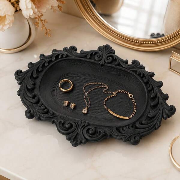 1PC Black Hair Accessory Storage Tray, 3D Printed Baroque Vintage Carved Tray, Gothic Style Entryway Key Storage Dish, Victorian Court Jewelry Display Tray, Bedroom Accessory Storage Tray, Halloween Gift, Rock Punk Style Office Tray, Home Decor