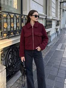 Women Fashion With Pockets Front Zipper Jackets Vintage Front Pockets Long Sleeves Female Chic Lady High Street Zip Up Jacket Red - Red - View 4