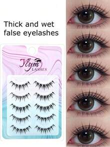 10pcs Cartoon Wet Look False Eyelashes, One-Piece Grafting Effect, Transparent Thin Stem, Dense & Curly, Reusable For Beginners - Black - View 4