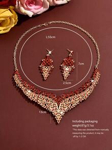 Vintage Palace Style Hollow Leaf V-Shaped Necklace And Earrings 2 Pieces Set, Luxurious Jewelry Set For Wedding Dress, Evening Gown - 1386 - View 4
