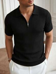 Men's Summer Fashion Classic Ribbed Zipper Polo Collar Short Sleeve Knit Sweater, Essential Summer Wardrobe Knit Top - Black - View 9