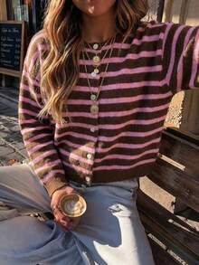 SEREN 秋冬新款女款拼色條紋圓領長袖針織開襟衫，復古休閒日常穿搭，學院風 Y2K 上衣 - 巧克力 - 查看 4