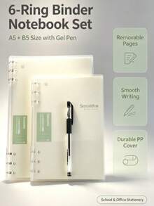 A5+B5 6-Hole Loose Leaf Notebook Set (Includes Neutral Pen), PP Transparent Cover Replaceable Inner Pages Loose Leaf Notebook, 6-Hole Loose Leaf Notebook Set, ; Inner Pages Detachable And Replaceable, Smooth Writing, Suitable For Students And Office Use. Campus Office Writing Stationery Combination - A+B+C - View 2