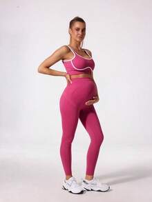 Maternity High Waist Seamless Elastic Solid Color Leggings, Suitable For Casual Daily Wear Pink Spring - Pink - View 2