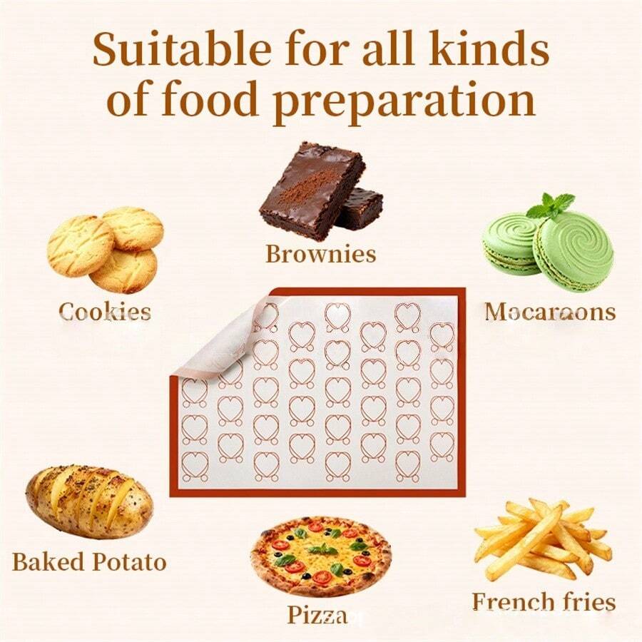 Heart Pattern Silicone Baking Mat, Non-Stick Oven Silicone Pastry Mat, Reusable High Temperature Resistant Macaron Baking Tray Mat, Non-Slip Baking Countertop Mat, Suitable For Cookies, Brownies, Pizza, Roasted Potatoes, French Fries And Various Pastry Making