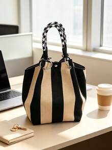 Classic Colorblock Polka Dot Casual Versatile Artistic Bucket Bag, Multi-Functional Daily Commute Handbag, Suitable For Niche Shopping And Dating - Black - View 3