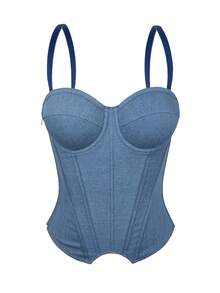 Minimalist Denim Waist-Cinching Zipper Backless Lace-Up Cropped Top - Blue - View 1