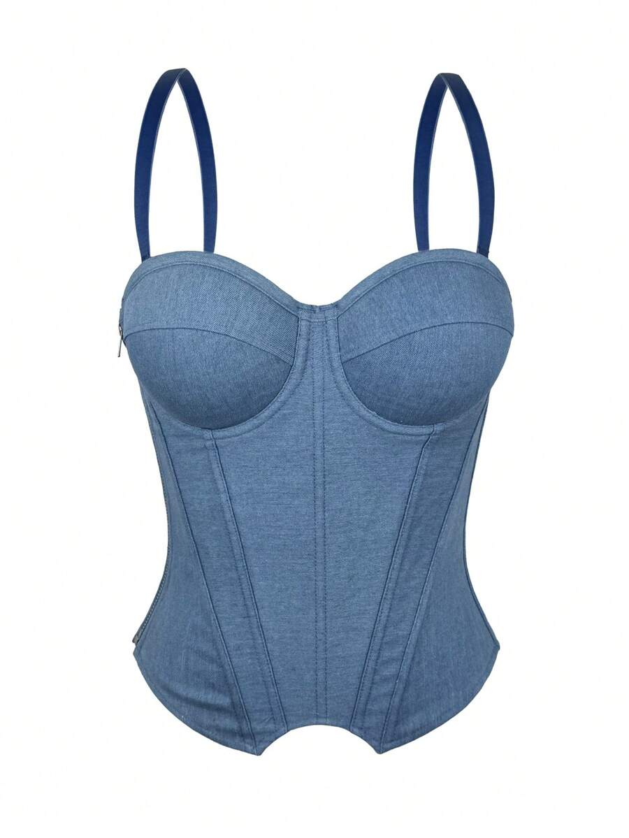 Minimalist Denim Waist-Cinching Zipper Backless Lace-Up Cropped Top - Blue - View 1