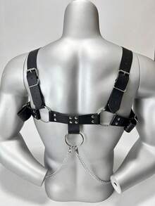 1 Buah Sabuk Dada Kulit PU Pria Rantai Tiga Cincin Depan untuk Kostum Halloween Punk Rave Suspender - Hitam - View 4