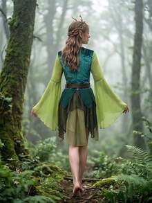 1pc COS Women's Medieval Green Fairy Dress, Halloween Costume - Multicolor - View 5