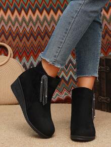 Vintage Black Suede Tassel Rhinestone Ankle Boots, Women's Autumn/Winter Thick Sole Wedge Heel Slimming Versatile Casual Boots - Black - View 5
