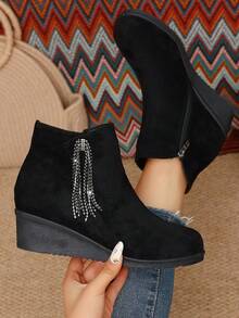 Vintage Black Suede Tassel Rhinestone Ankle Boots, Women's Autumn/Winter Thick Sole Wedge Heel Slimming Versatile Casual Boots - Black - View 2