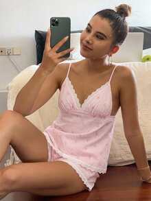 DAZY 2pcs/Set Women's Pink Lace Patchwork Bow Deep V-Neck Cute Sexy Striped Sleeveless Backless Ruffle Lace Hem Slip Dress Short Nightgown Set - Pink - View 3