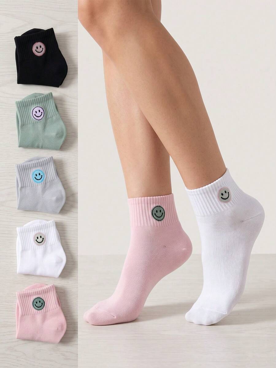5 Pairs Women Smiling Face Embroidery Ankle Socks, Soft Cotton Breathable Cute Multicolor Casual Daily Socks Multi‑Pack - Multicolor - View 1