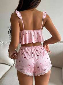 DAZY 2pcs/Set Women's Pink Cherry Print Lace Patchwork Pajama Top And Pants Loungewear Set - Pink - View 5