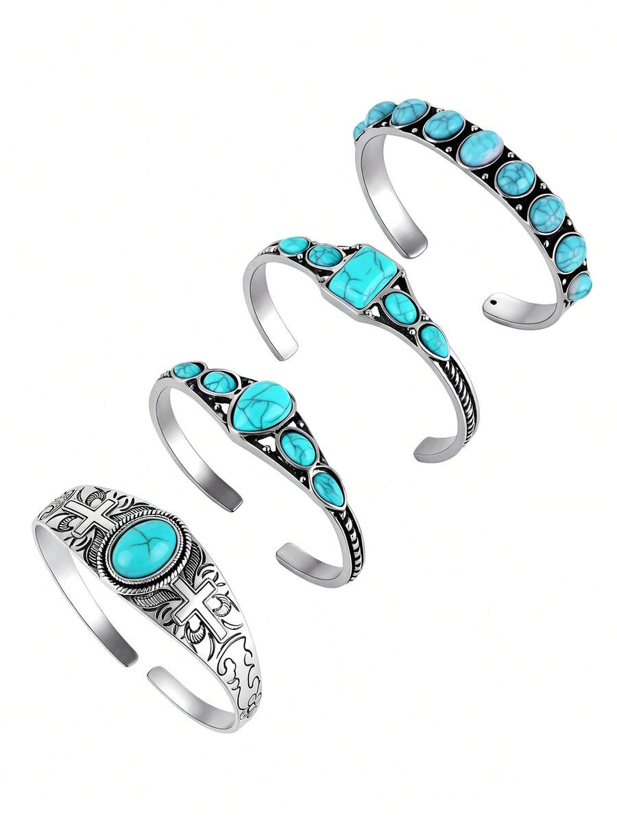 Yanxyad 1/4Pcs Western Boho Turquoise Open Cuff Bangle Set, Antique Silver Carved Cross Adjustable Bracelets For Women - Turquoise - View 1
