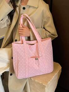 Solid Color Large Capacity Minimalist Shopping Tote Bag, Polka Dot Pattern Tote Bag, Shopping Bag, Drawstring Closure Tote Bag - Pink - View 10