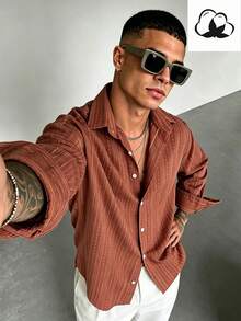 WAIT HIM Men's Striped Single-Breasted Casual Long Sleeve Shirt - Redwood - View 2