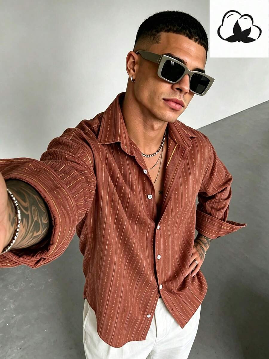 WAIT HIM Men's Striped Single-Breasted Casual Long Sleeve Shirt