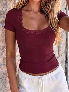 NOIRLYN Women's T-Shirt Summer Y2K Sexy Lace Patchwork Casual Square Neck Short Sleeve Top - Burgundy - View 8