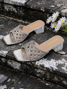 1 Pasang Sandal Selop Wanita Ujung Persegi Warna Perak, Dekorasi Rhinestone Berongga, Hak Blok Transparan, Desain Modis, Sandal Slip-On - Perak - View 6
