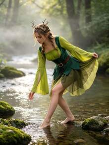 1pc COS Women's Medieval Green Fairy Dress, Halloween Costume - Multicolor - View 6
