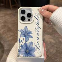 1pc TPU Material Fresh Elegant Blue Floral English Cursive Pattern Phone Case Compatible With IPhone 17 Pro Max/17/16 Pro Max/15/13/12/11/ S20 FE/A15/S24/A55/ Note 11/Note 12/Note 13 Pro Full Coverage Anti-Fall Soft Shell Phone Protective Cover - White - View 3