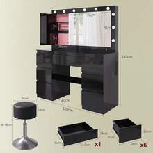 Devoko Dressing Table In Matte White With LED Cosmetic Mirror, Vanity Table Without Stool With 12 LED Lamps, Power Outlets, USB & Type-C, Jewelry Storage And 7 Drawers - 黑色高光+深灰色凳子 - 查看 8