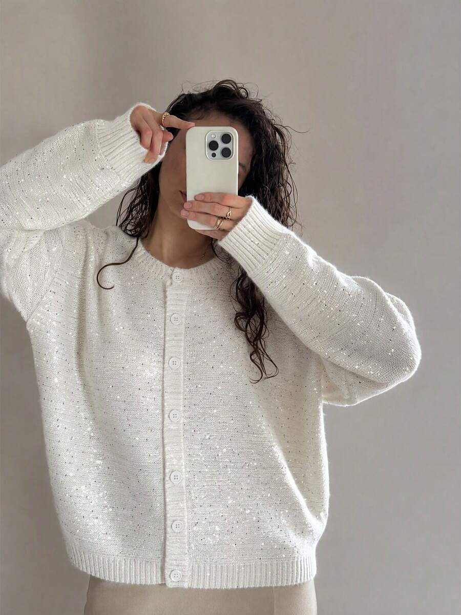 Spring/Autumn Minimalist Luxury Style Speckled Sequin Knit Cardigan, Round Neck Single-Breasted Dropped Shoulder Long Sleeve Ribbed Cuff Loose Fit Top, Versatile Layering Sweet Girl Style For Daily Commute Campus Date, Women's Solid Color Ribbed Open Front Cardigan For Home And Everyday Wear - White - View 1