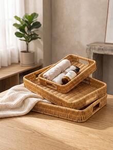 1/2/3pcs Vintage Handwoven Rattan Tray With Handles, Multi-Functional Decorative Basket, Suitable For Bread, Snacks, Fruit, Desserts, Applicable For Kitchen, Dining Room, Living Room, Balcony, Picnic, Home Storage And Organization - Yellow - View 4